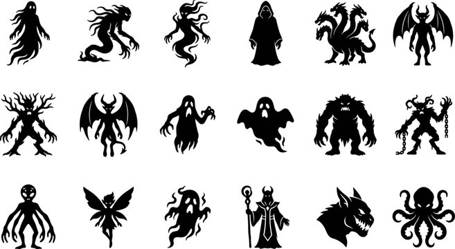 Fantasy Monster and Halloween Ghost Silhouette Vector Icon Set Featuring Scary Phantoms Mythical Hydras Winged Demons Tree Monsters and Dark Sorcerers