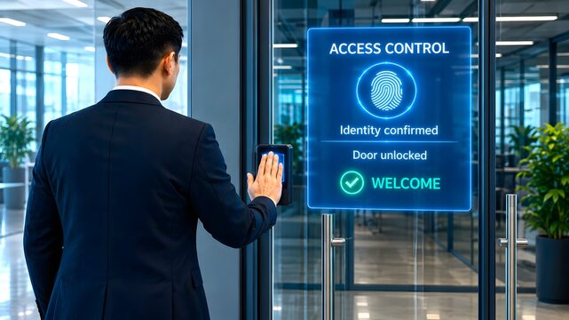 Employee using biometric access control at modern office door