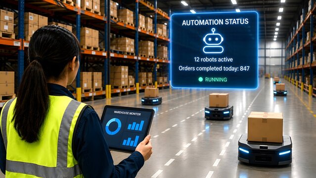 Warehouse automation status panel with robot in distribution centre