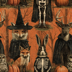 Naklejka premium Vintage Halloween pattern with fox, rabbit, deer, owl in witch and skeleton costumes on orange forest background