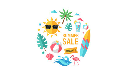 Fototapeta premium Summer Sale Flat Design Poster with Tropical Vacation Elements