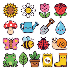 Fototapeta premium Kawaii garden sticker set with cute flowers, insects, and gardening tools vector icons