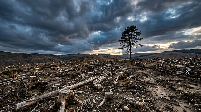 Lone tree standing in a deforested landscape under stormy sky.