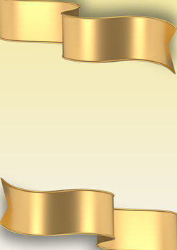 Elegant gold ribbon banner frame, metallic wavy scroll border on cream background, luxury certificate template with golden ribbons
