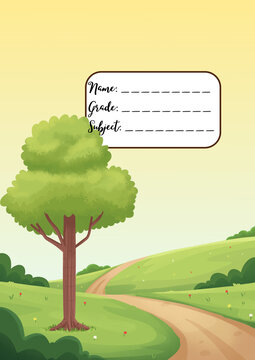 School notebook cover with tree and landscape, student name label on nature background, educational stationery design