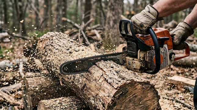 Lumberjack cutting large tree trunk with chainsaw in forest 4.