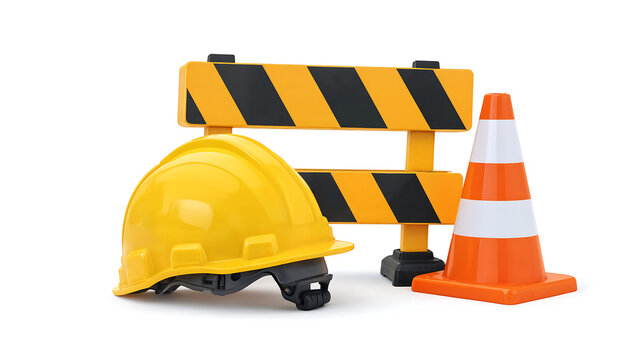 Yellow protective construction hard hat with safety traffic cone and barricade isolated on white background transparent background