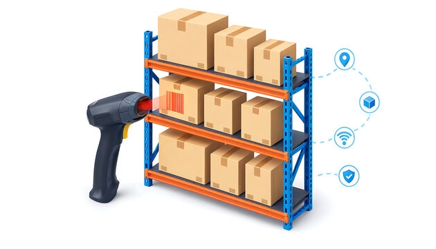 3d illustration of a barcode scanner scanning boxes on industrial metal shelving units for logistics and warehouse management transparent background
