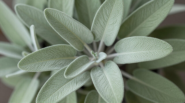 Close-up top view of fresh common sage plant leaves with soft velvety texture in herb garden