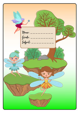 Whimsical fairy garden notebook cover, school name label with cute fairies, magical floating islands forest illustration
