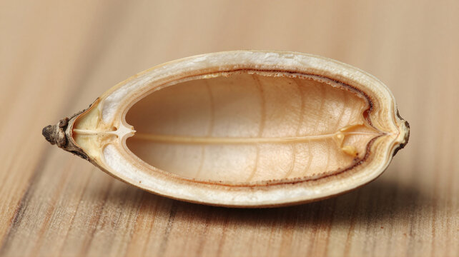 Empty pistachio shell cut in half showing the inside structure isolated on a wooden surface