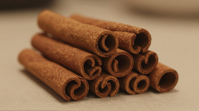 A neat stack of aromatic brown cinnamon sticks arranged neatly on a neutral light-colored surface