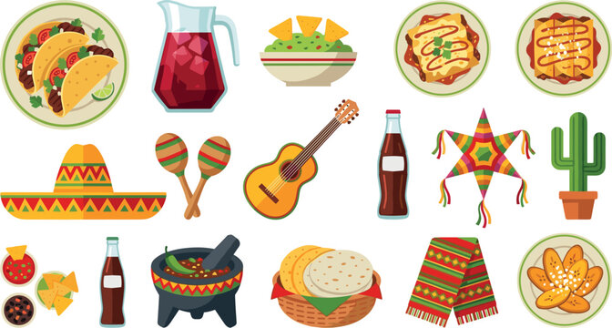 Mexican Food and Culture Vector Icon Set with Tacos, Enchiladas, Guacamole, Sombrero, Guitar, Pi&ntilde;ata, and Traditional Fiesta Elements for Restaurant and Celebration Designs