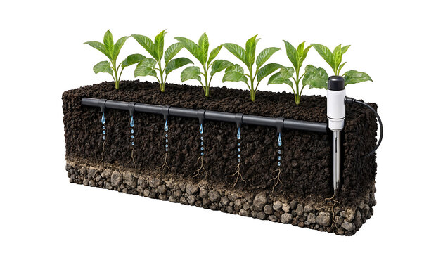 Crosssection of soil showing plant irrigation system with water dripping onto roots transparent background