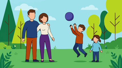 Fototapeta premium Happy family playing with a ball in a park, outdoor leisure activity