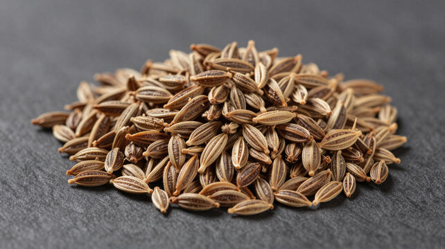 A close-up view of a small heap of dried cumin seeds on a dark textured slate background surface