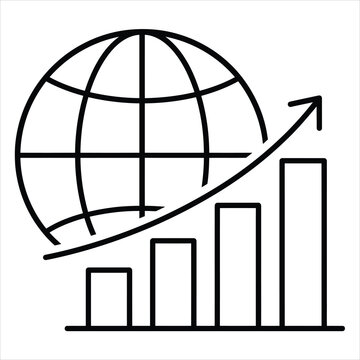 Global business growth icon featuring world globe and rising bar chart for international trade strategy analysis.