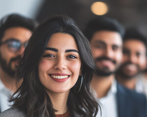 Obraz premium Diverse business team smiling together in a modern office, showing teamwork, smart casual style, and startup workplace culture.
