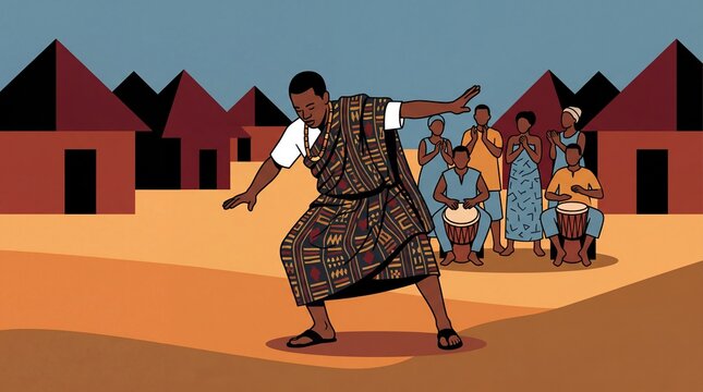 Man performing traditional Ghanaian adowa dance in village setting with musicians