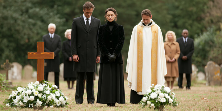 A somber funeral service takes place in a cemetery, with mourners dressed in black gathered around a priest. A wooden cross and floral arrangements mark a gravesite.