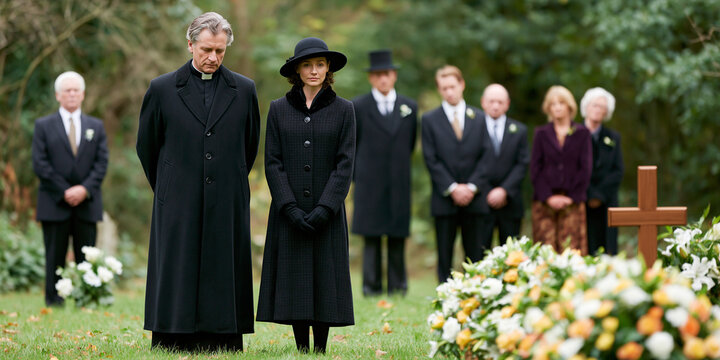 A solemn funeral service takes place outdoors, with a group of mourners dressed in black gathered around a grave marked by a wooden cross. A religious officiant stands prominently in the foreground.