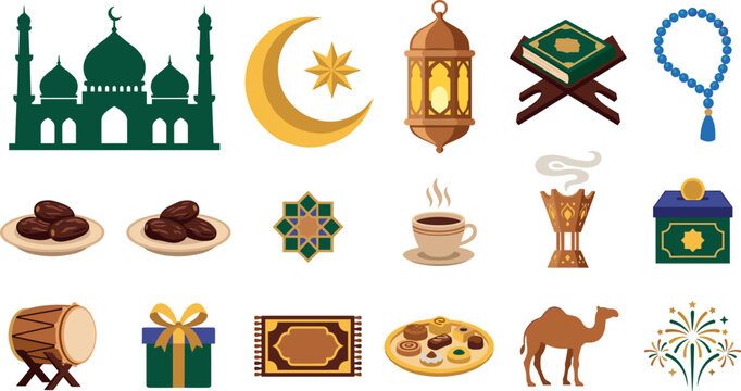 Islamic Ramadan and Eid Mubarak Vector Icon Set with Traditional Religious Symbols for Muslim Holy Month Celebrations, Greeting Cards, and Cultural Graphic Designs