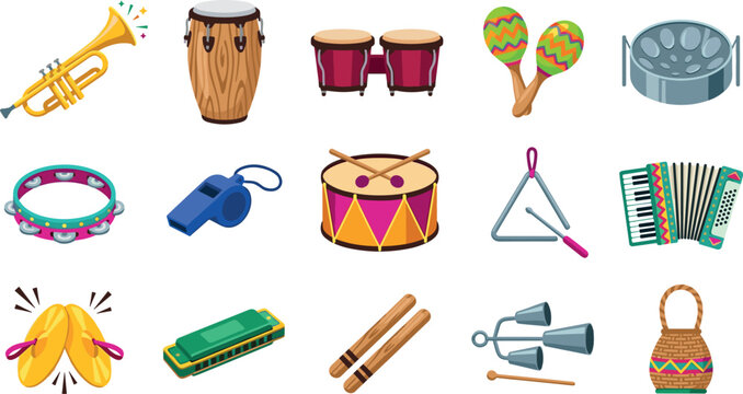 Latin and Caribbean Musical Instrument Vector Icon Set with Conga, Bongo, Steelpan, Maracas, Trumpet, and Percussion Elements for Carnival, Festival, and Concert Designs