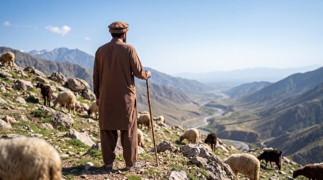Pakistani shepherd in pakol hat standing on mountain hillside with flock back view lifestyle