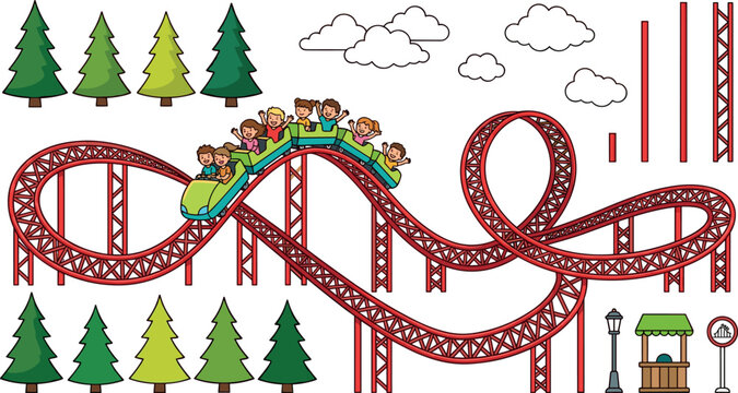 Amusement Park Roller Coaster Vector Element Set with Happy Children Riding Train Tracks Trees Clouds and Ticket Booth for Theme Park Designs