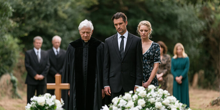 A somber funeral ceremony takes place outdoors, with mourners dressed in black standing by a grave adorned with white flowers. A cross marks the burial site.