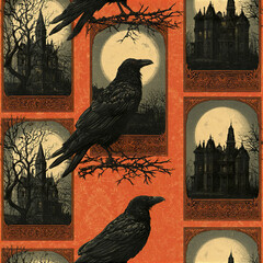 Naklejka premium Vintage tarot inspired Halloween pattern with framed haunted castle and black raven under full moon on orange background