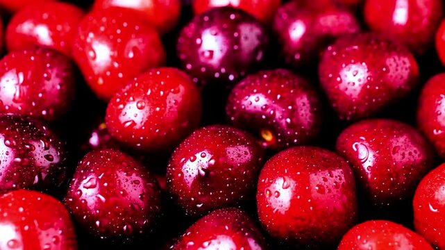 4K resh Ripe Red Plums with Water Droplets