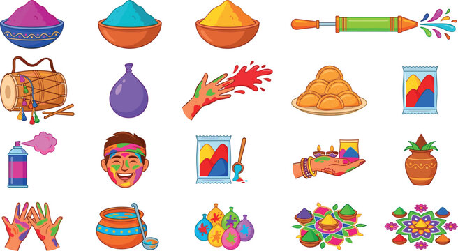Happy Holi Festival Indian Celebration Vector Icon Set with Colorful Powder Bowls, Water Gun Pichkari, Gujiya Sweets, Dhol Drum, and Rangoli Designs