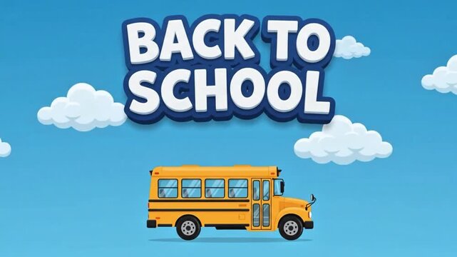 Back to School Yellow School Bus Cartoon with Blue Skies Background 4K