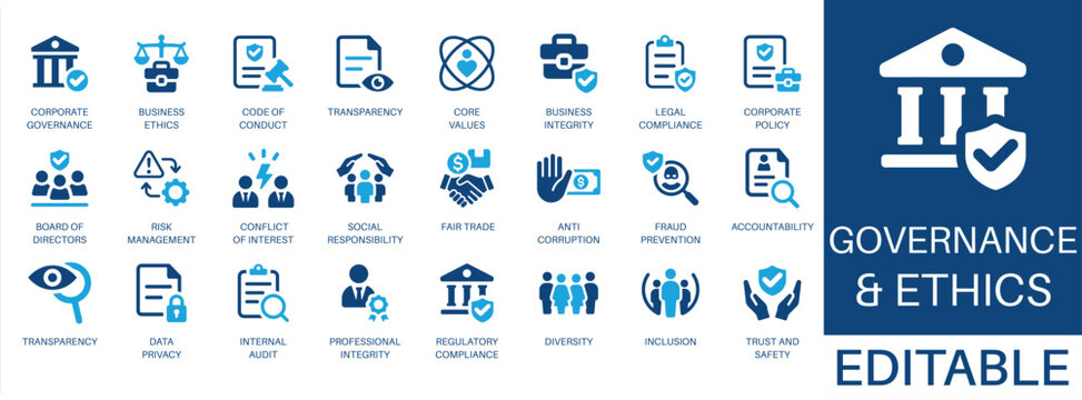 Governance and ethics solid icon set. Featuring risk management, corporate governance, social responsibility, legal compliance, and internal audit. Editable vector glyphs for corporate policy and law.
