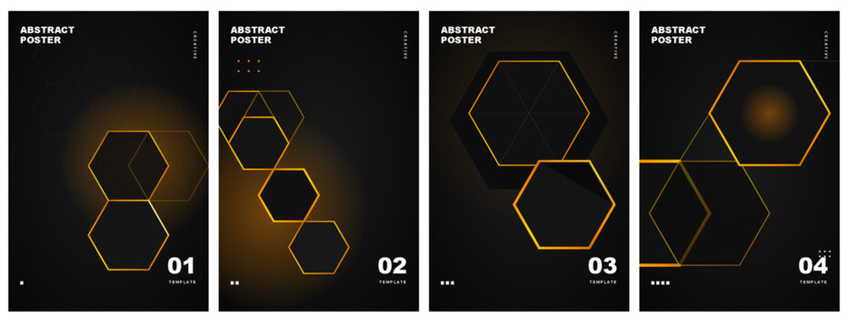 Abstract posters collection background. Four dark poster templates with glowing gold hexagon design for social media, banner and wallpaper. Vector illustration.