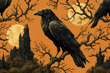 Naklejka premium Black raven perched on twisted tree branch with full moon and haunted castle in eerie orange night sky