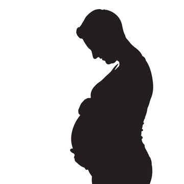 Black Silhouette of Expecting Father Gently Cradling Pregnant Belly with Bowed Head in Quiet Reflection, Emotional Vector Illustration for Pregnancy and Fatherhood Anticipation Concept Design