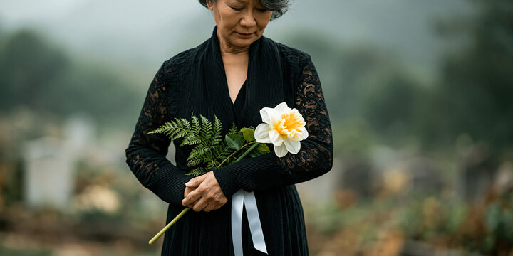 A solemn woman in black stands in a cemetery, holding a white flower and a fern. Her gaze is downcast, conveying a sense of grief and remembrance. The atmosphere is somber.
