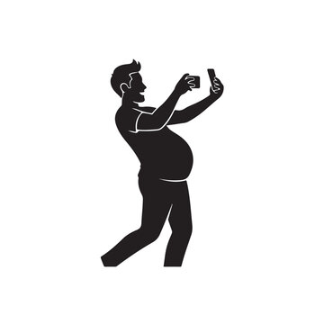 Minimalist Silhouette of Excited Dad to Be Taking Selfie of Pregnant Belly with Phone Raised High, Black and White Vector Illustration Celebrating Pregnancy and Fatherhood Journey Concept Design