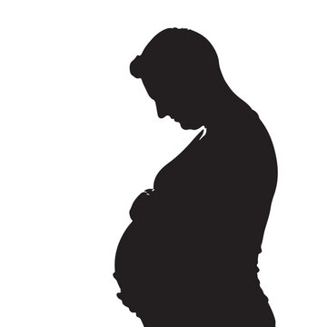 Black Silhouette of Dad to Be Tenderly Holding Pregnant Belly with Head Bowed Down, Emotional Vector Illustration of Expecting Father Anticipating Fatherhood and New Baby Concept Design