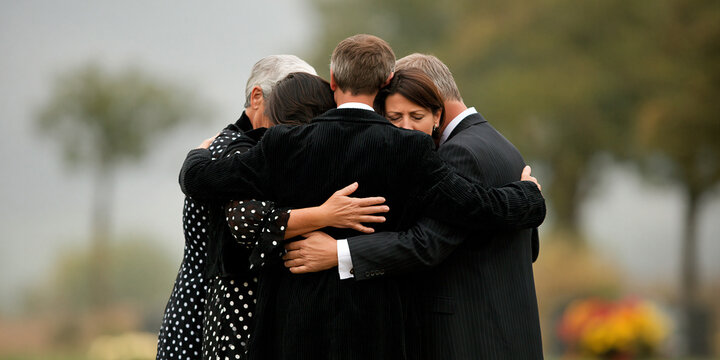A group of people huddled together, embracing in a moment of shared grief and support. The somber atmosphere is palpable as they find solace in each other's arms