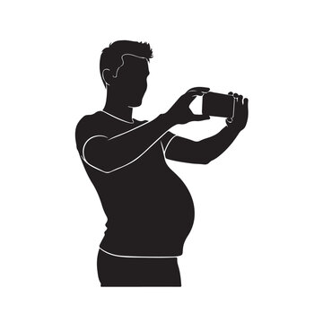 Minimalist Silhouette of Dad to Be Taking Photo of Pregnant Belly with Both Hands Holding Smartphone, Black and White Vector Illustration for Pregnancy and Fatherhood Concept Design