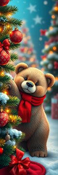 Cute bear in red scarf sneaks Christmas decorations up a tree, outdoors, holiday