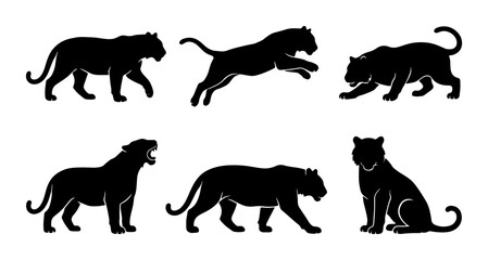 Fototapeta premium Black Panther Silhouettes, Big Cat Vector Icons, Wild Animal Poses Set, Majestic Feline Graphics Collection