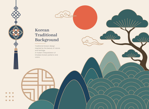 소나무와 산, 해와 전통 물결문양을 표현한 한국 전통 산수 배경 일러스트