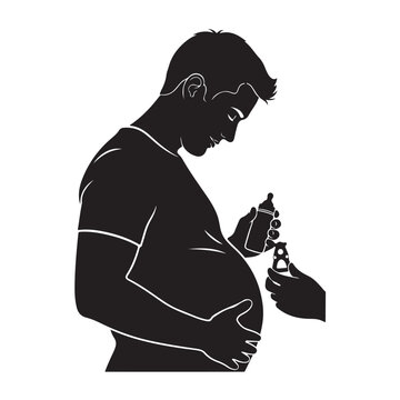 Minimalist Silhouette of Pregnant Man Looking Down Holding Tiny Baby Shoes, Black and White Vector Illustration Symbolizing Pregnancy, Fatherhood and Anticipation of New Baby Concept Design