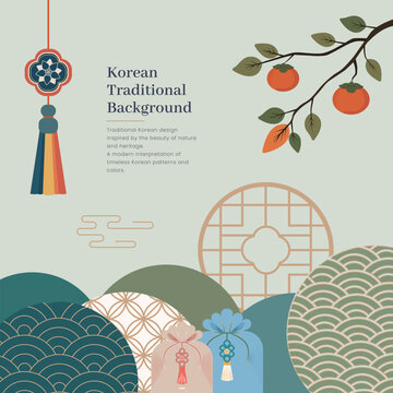 감나무와 전통 노리개를 활용한 한국 전통문화 배경 일러스트