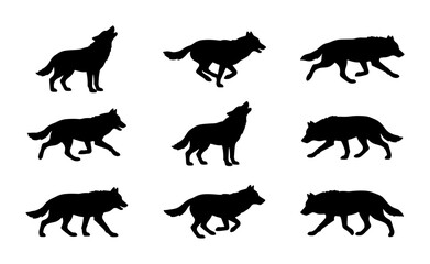 Obraz premium Wolf Silhouettes Collection, Howling and Running Canine Vector Icons, Wild Animal Graphic Elements for Nature and Wildlife Designs
