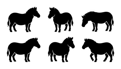 Fototapeta premium Six Silhouette Zebra Icons, Vector Graphics Collection for Wildlife and Safari Themes, Simple Black and White Animal Illustrations